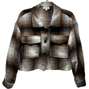 Elan Women’s Sz M Plaid Pattern Short Jacket, Pockets, Blue, Brown, Tan & Cream